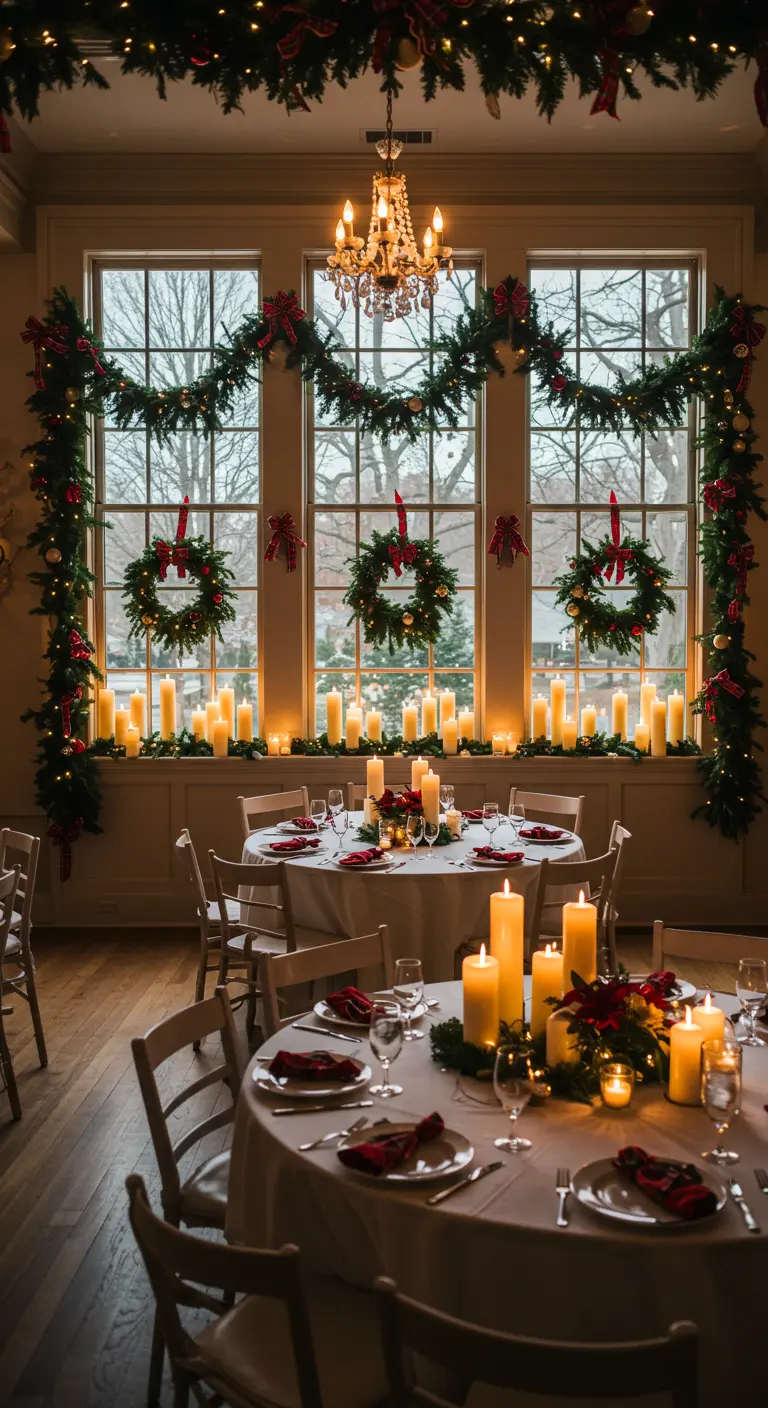 A wall of windows framed by lush pine garlands, with a wreath in each window and candles below.