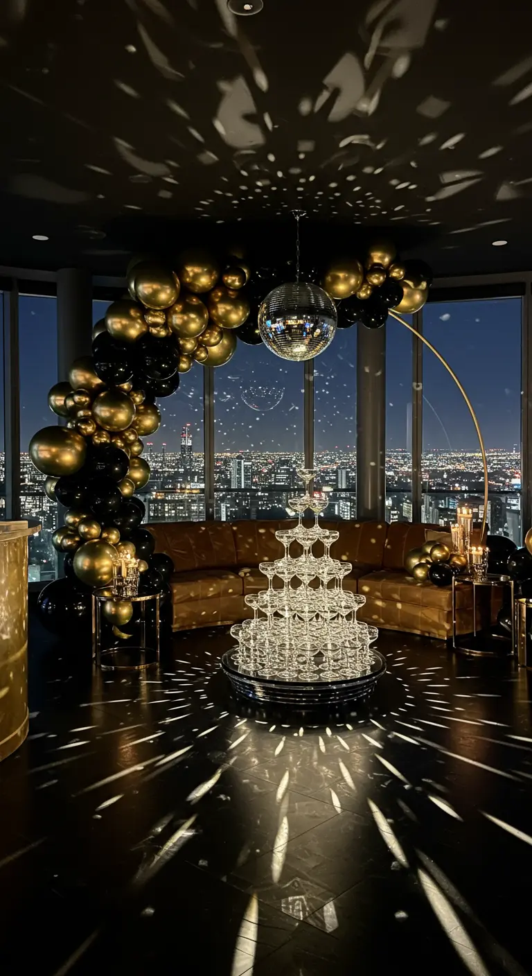 A champagne tower and disco ball framed by a black and gold balloon arch against a city skyline.