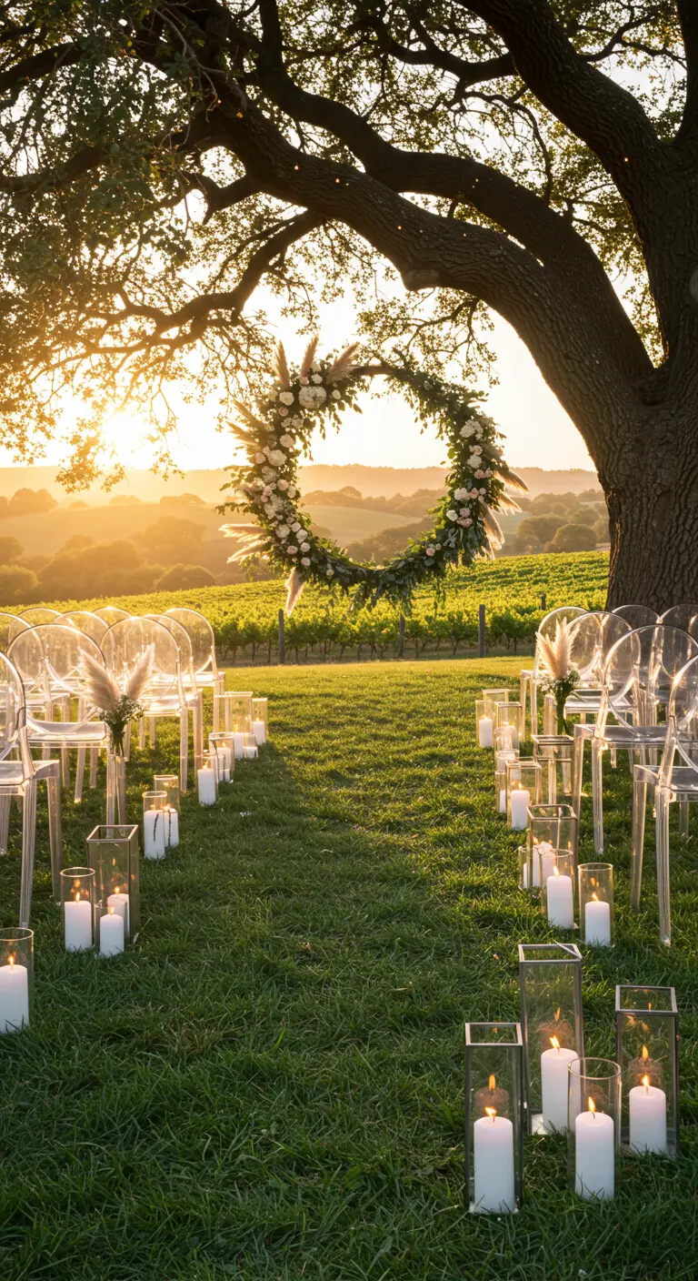 A large floral hoop with pampas grass stands in a vineyard at sunset, with a candlelit aisle.