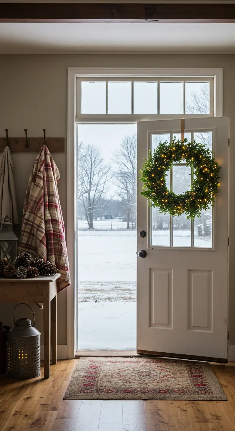 Entryway with an open door showing a snowy scene, with a lit wreath on the door.