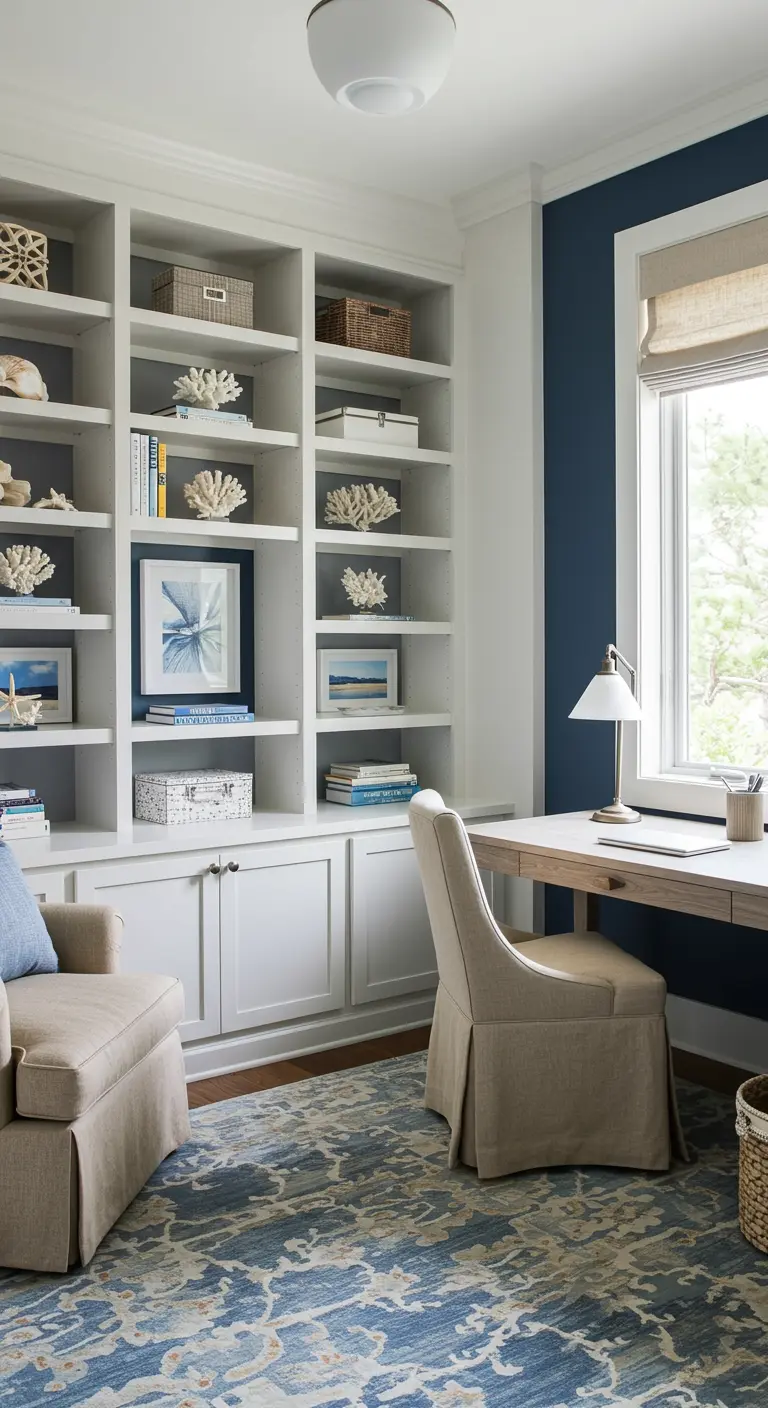 Home office with white built-in bookshelves and a navy blue wall behind the desk.