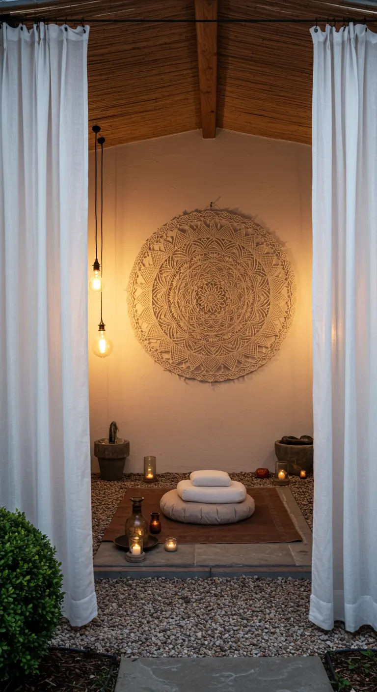 A serene meditation nook with white curtains, a large macramé mandala, and floor cushions.