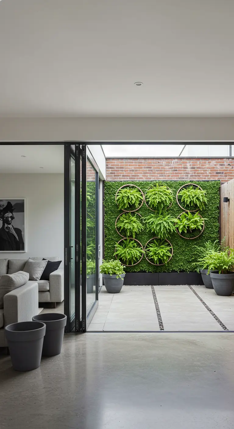 A green wall viewed from inside, with ferns elegantly framed by large metal rings.