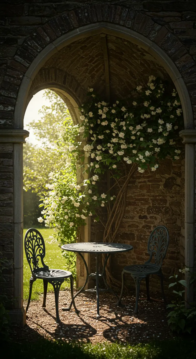 A dark metal bistro set perfectly framed within an old stone archway.