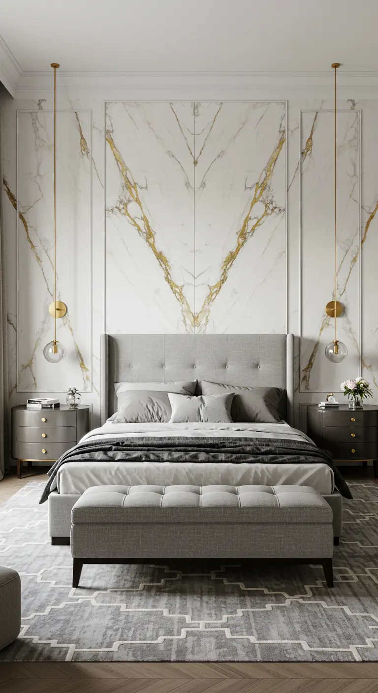 A sophisticated bedroom with white and gold marble panels framed by wall molding behind a grey tufted bed.