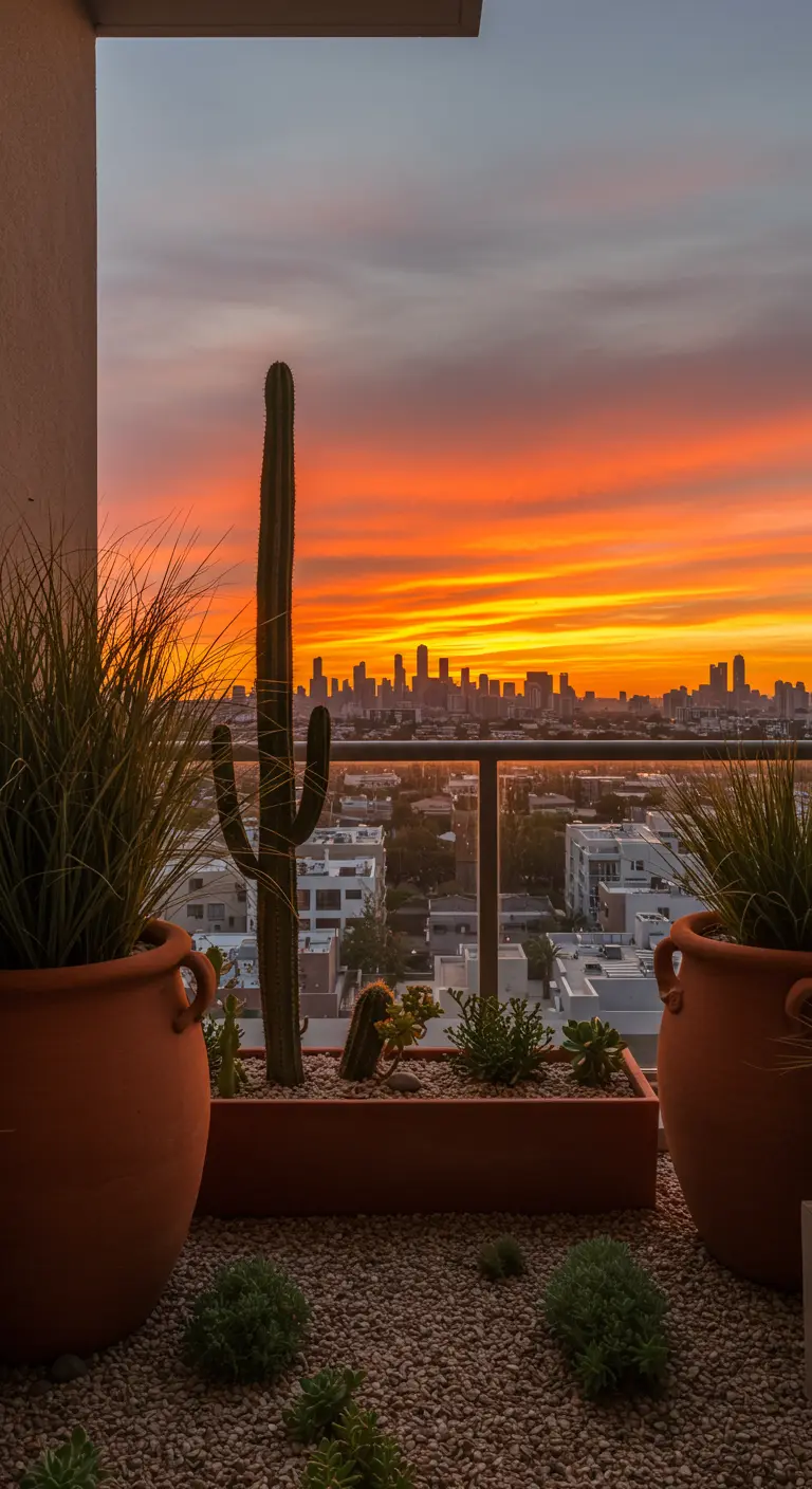 A city skyline at sunset, framed by large terracotta pots with cacti and grasses.
