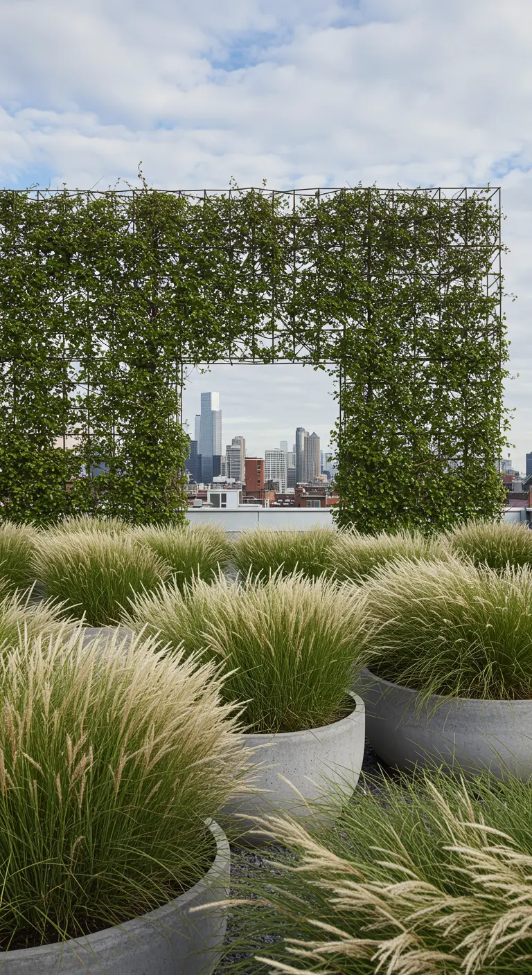 A large metal trellis on a rooftop covered in vines, with a central opening framing the city.