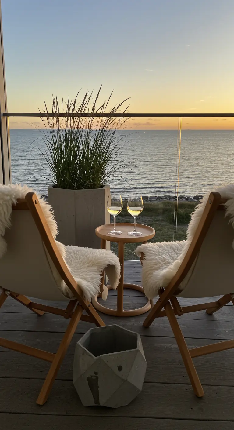 A balcony overlooking the sea at sunset, with simple chairs and a concrete planter.