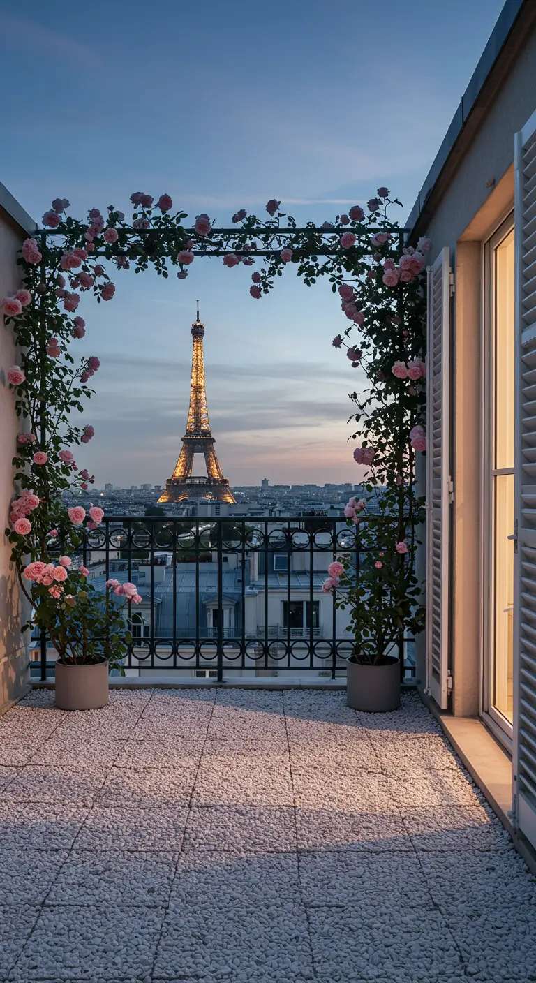 A simple balcony with a climbing rose arch perfectly framing the distant Eiffel Tower at dusk.