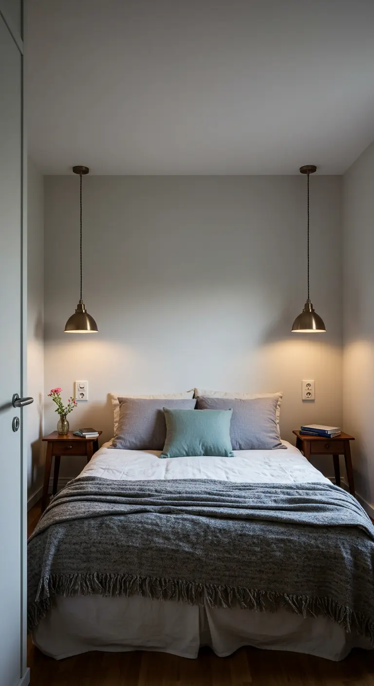 A small bedroom with two brass pendants hanging on either side of the bed over the nightstands.