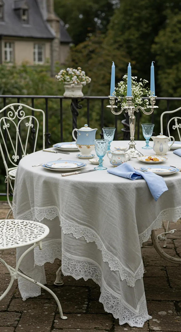 An elegant tea table with a grey linen and lace cloth, accented with pale blue candles and napkins.