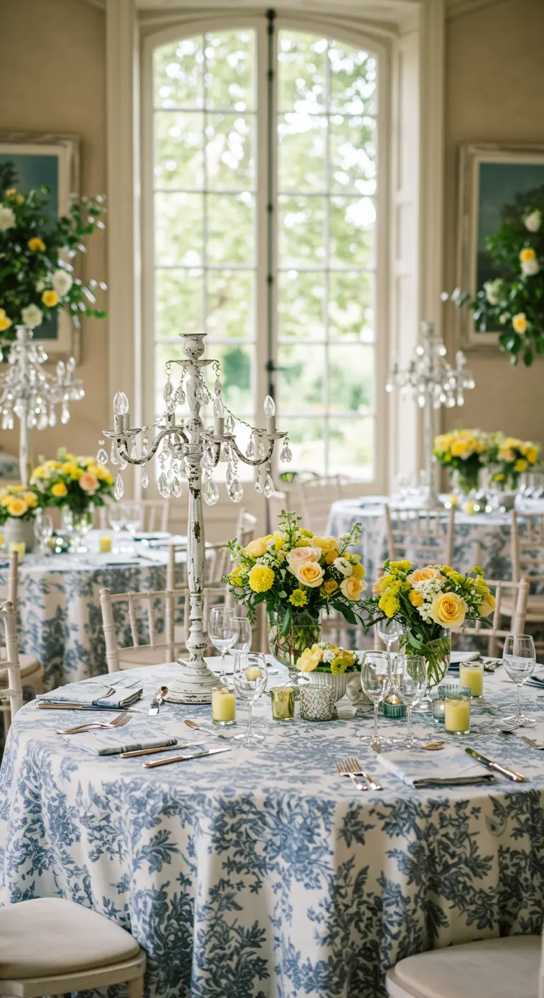 A table with a blue and white floral cloth, a distressed white candelabra, and yellow roses.