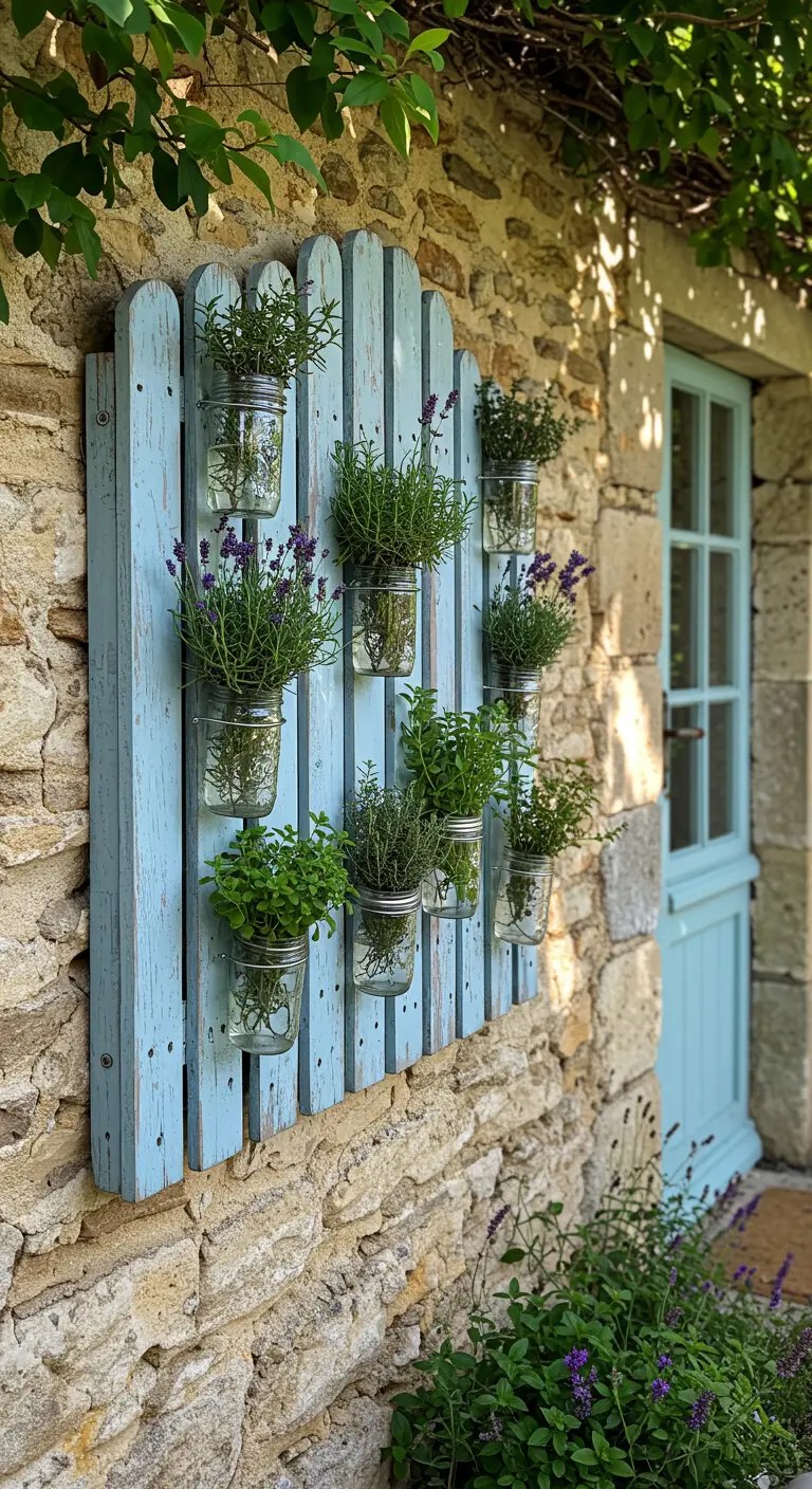 A blue-painted picket fence section holds jars of lavender and rosemary on a stone wall.
