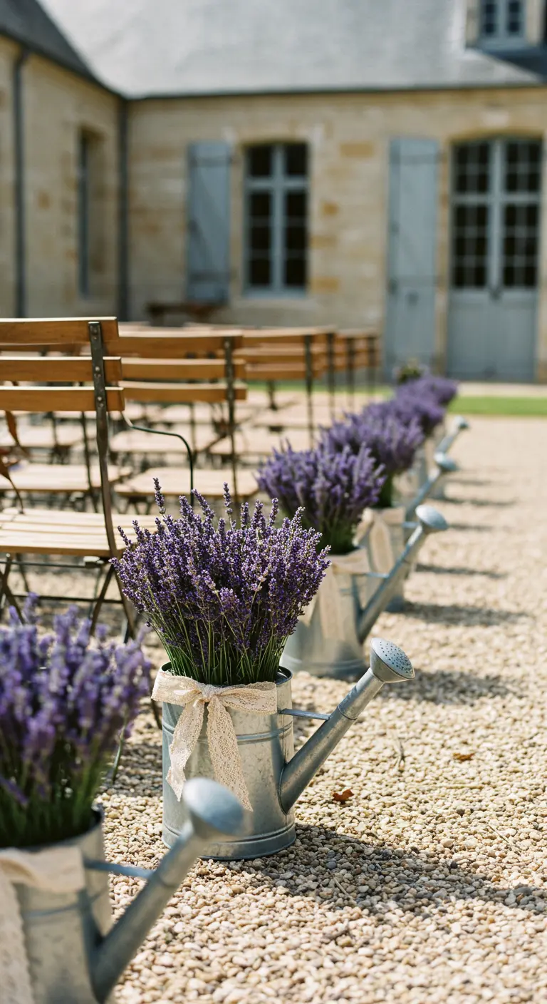 Galvanized watering cans filled with lavender lining a gravel courtyard aisle.