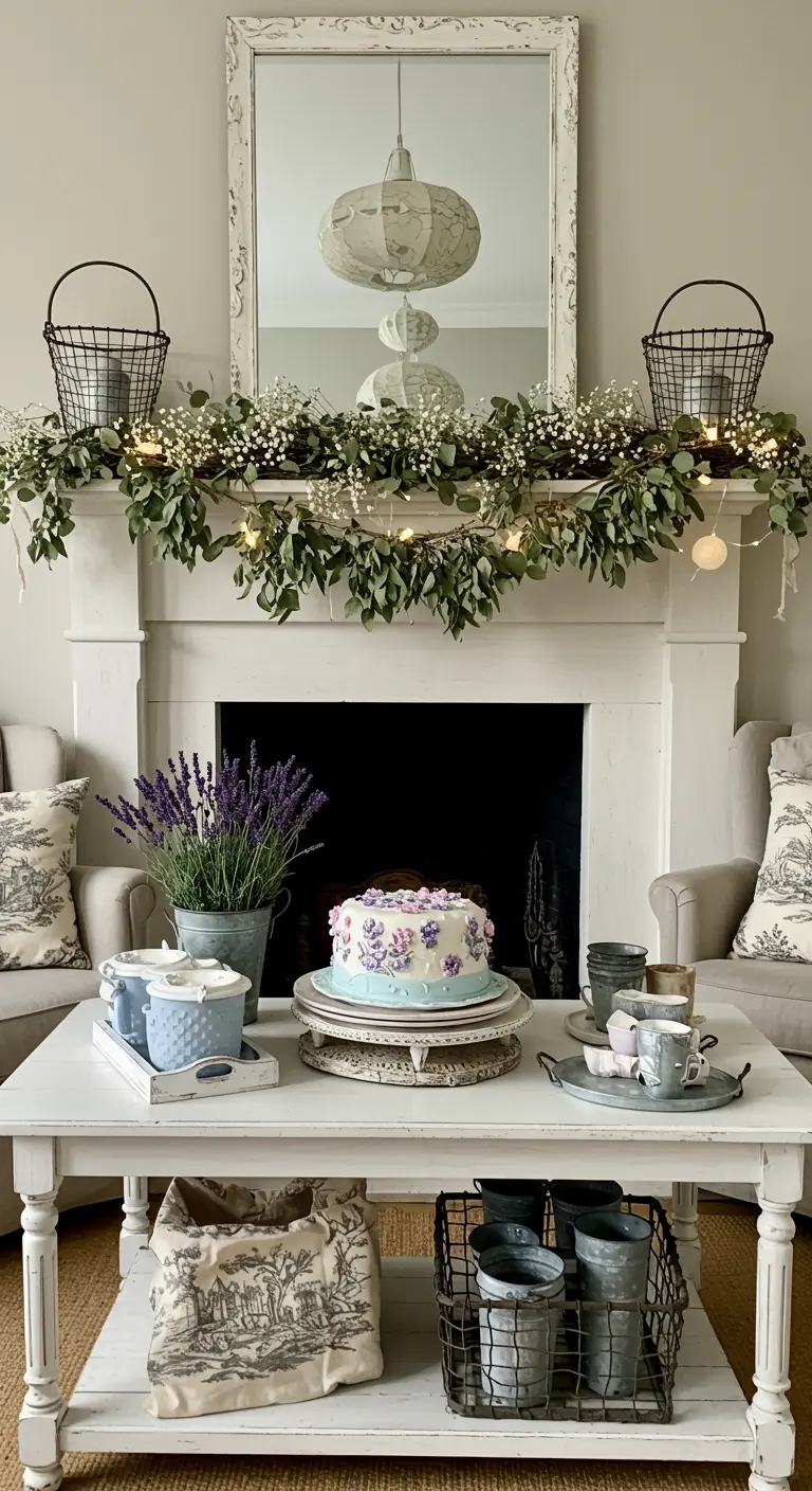 French country mantel with a eucalyptus garland, wire baskets, and lavender.