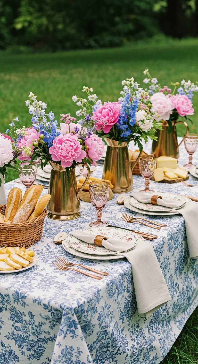 French country table with a blue floral cloth, peonies in gold pitchers.