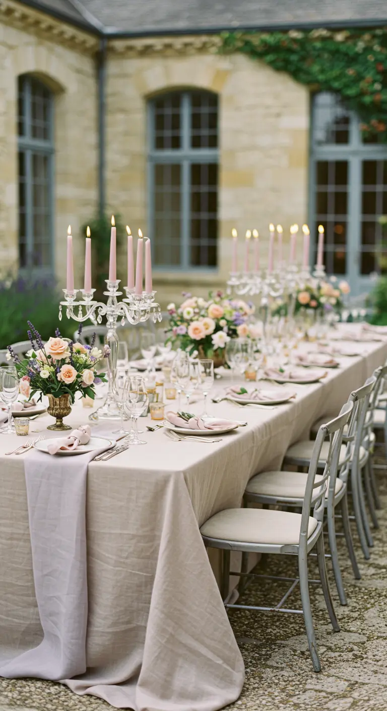 A long table in a stone courtyard with muted blush linens and pale pink tapered candles.