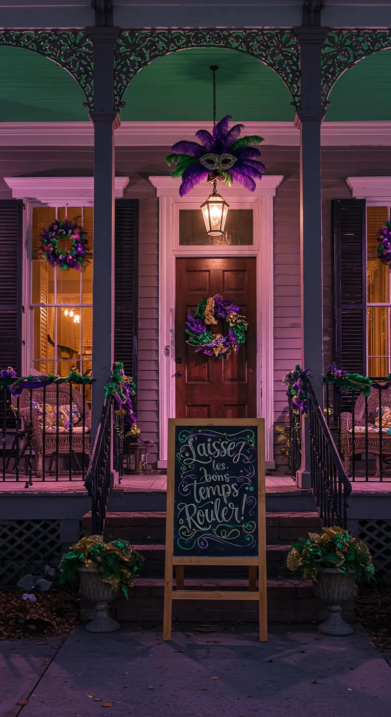 Mardi Gras porch with purple, green, and gold decor and a chalkboard sign.
