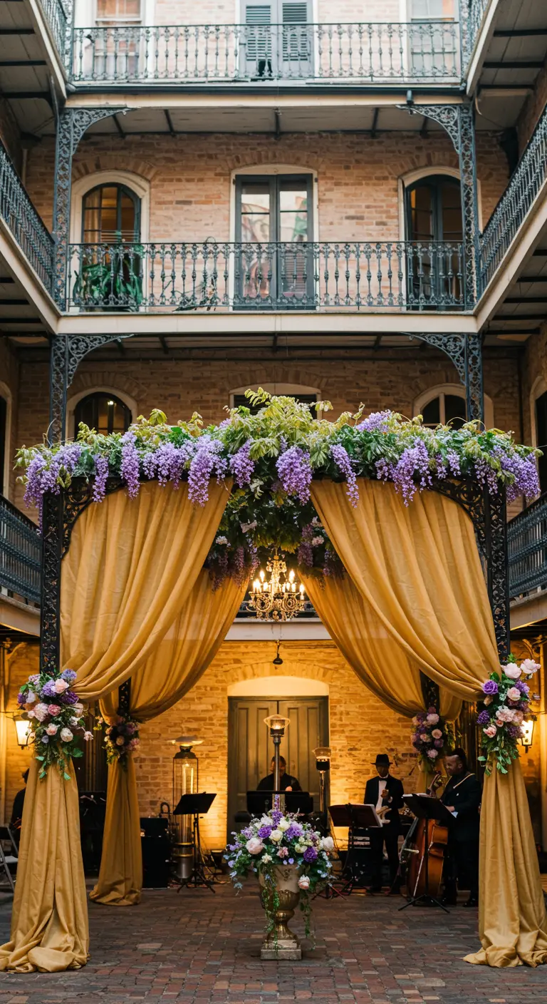 Wedding canopy in a New Orleans courtyard with gold drapes and purple wisteria.