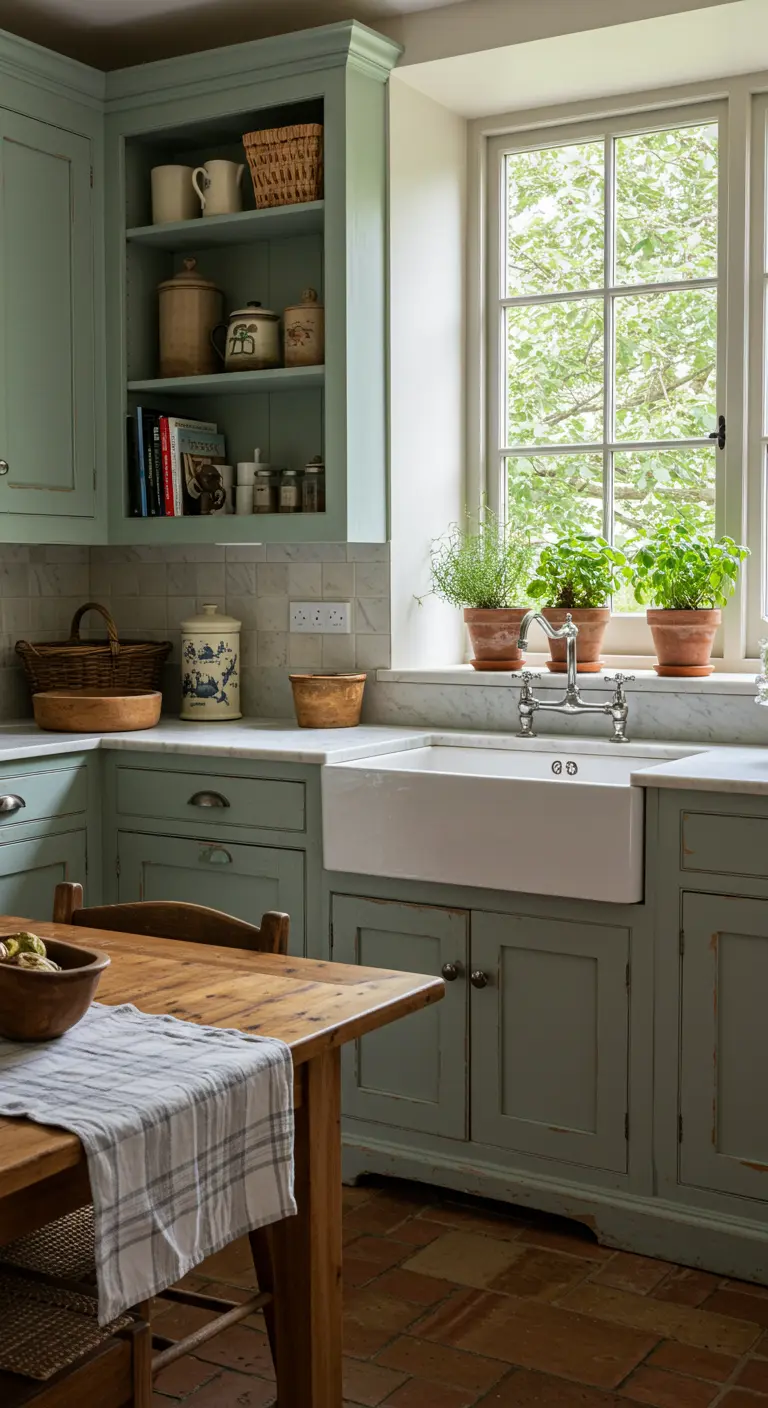 A Country French kitchen with light green cabinets, a farm sink, and fresh herbs on the windowsill.