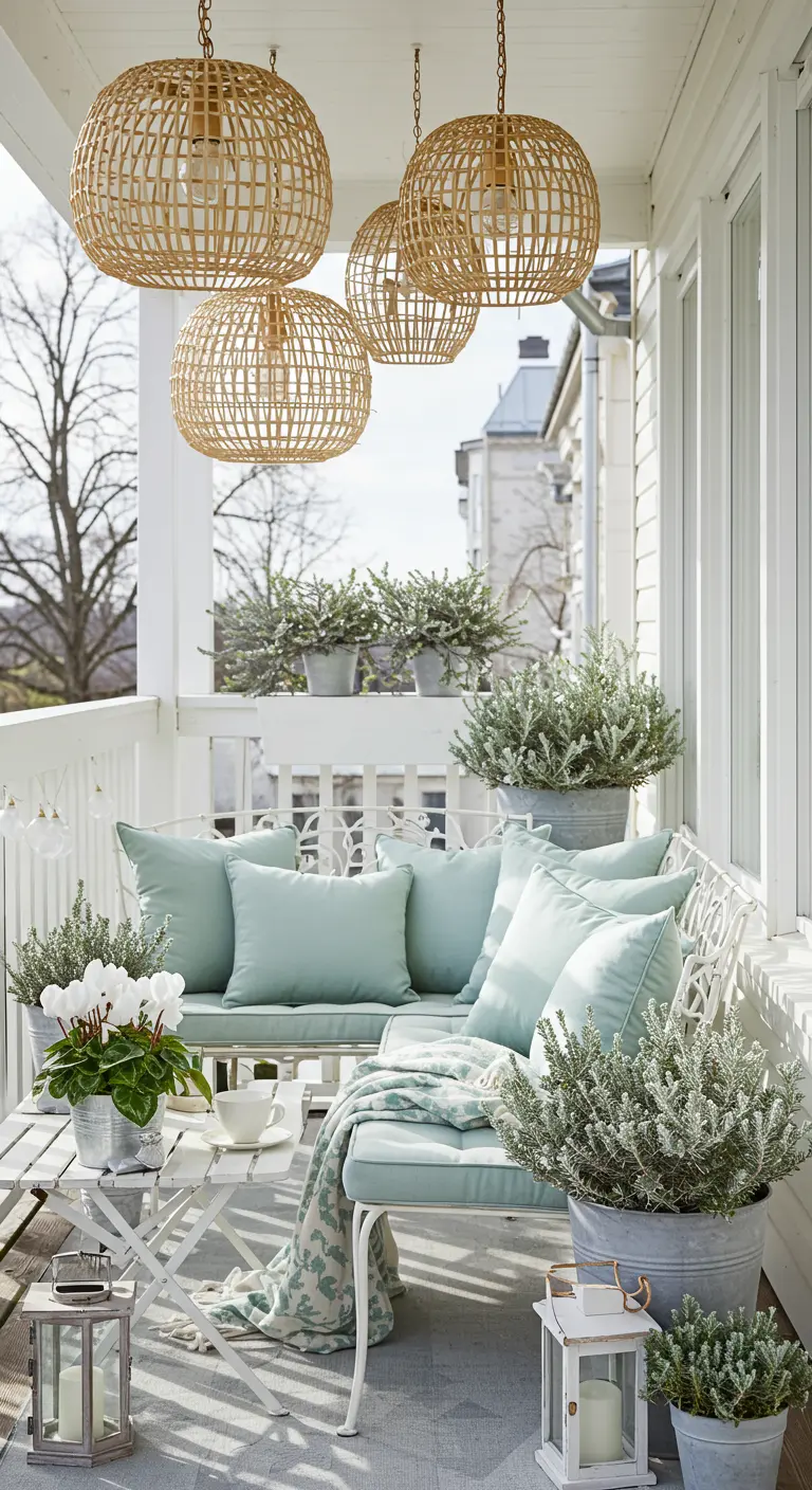 A bright white porch with mint green cushions, rattan lanterns, and silvery plants.