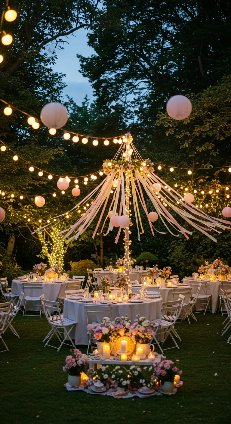 Evening garden party with tables lit by string lights and a ribbon maypole.