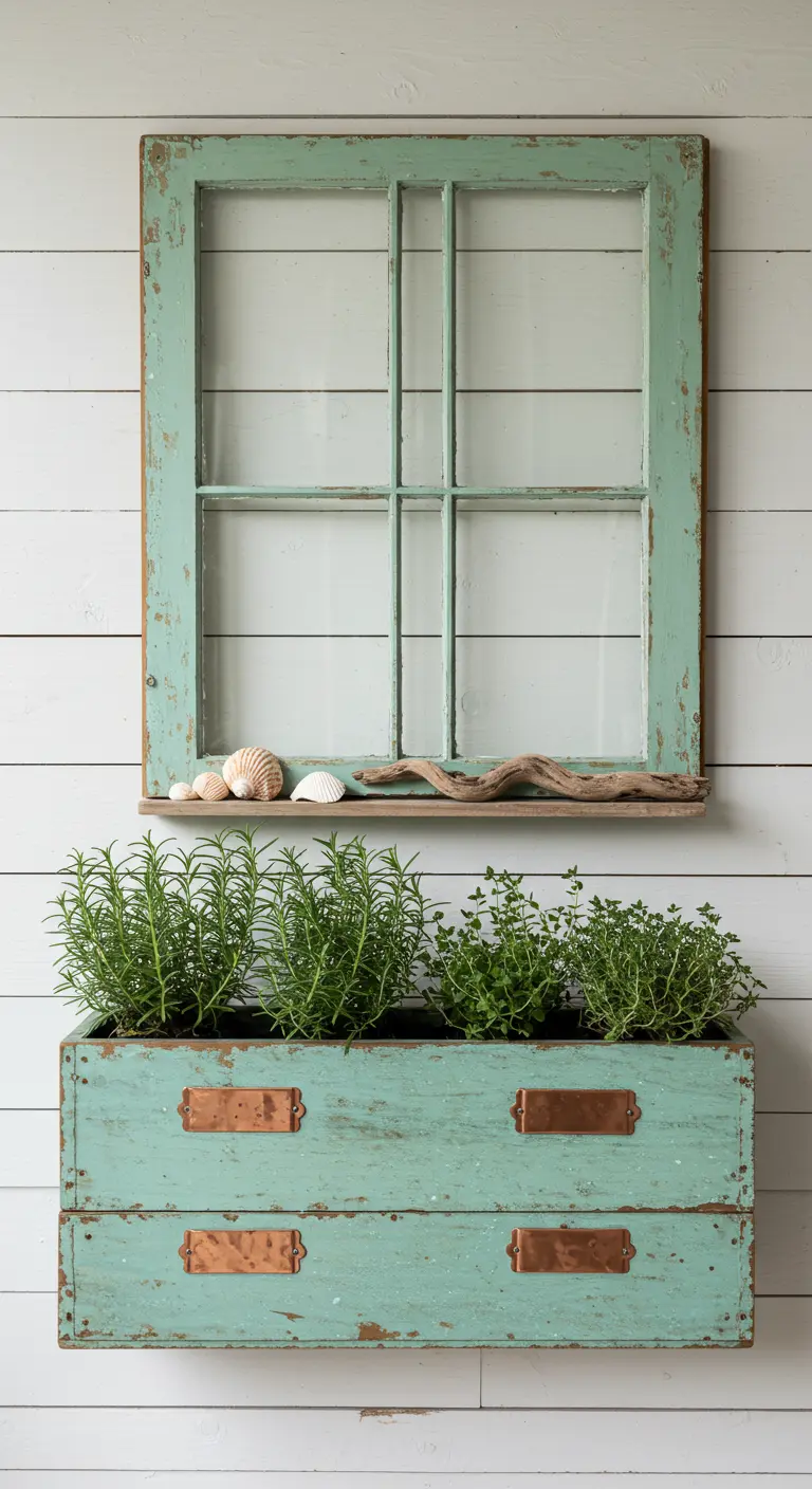 A close-up of a window herb garden where the planters are made from old drawers with metal pulls.