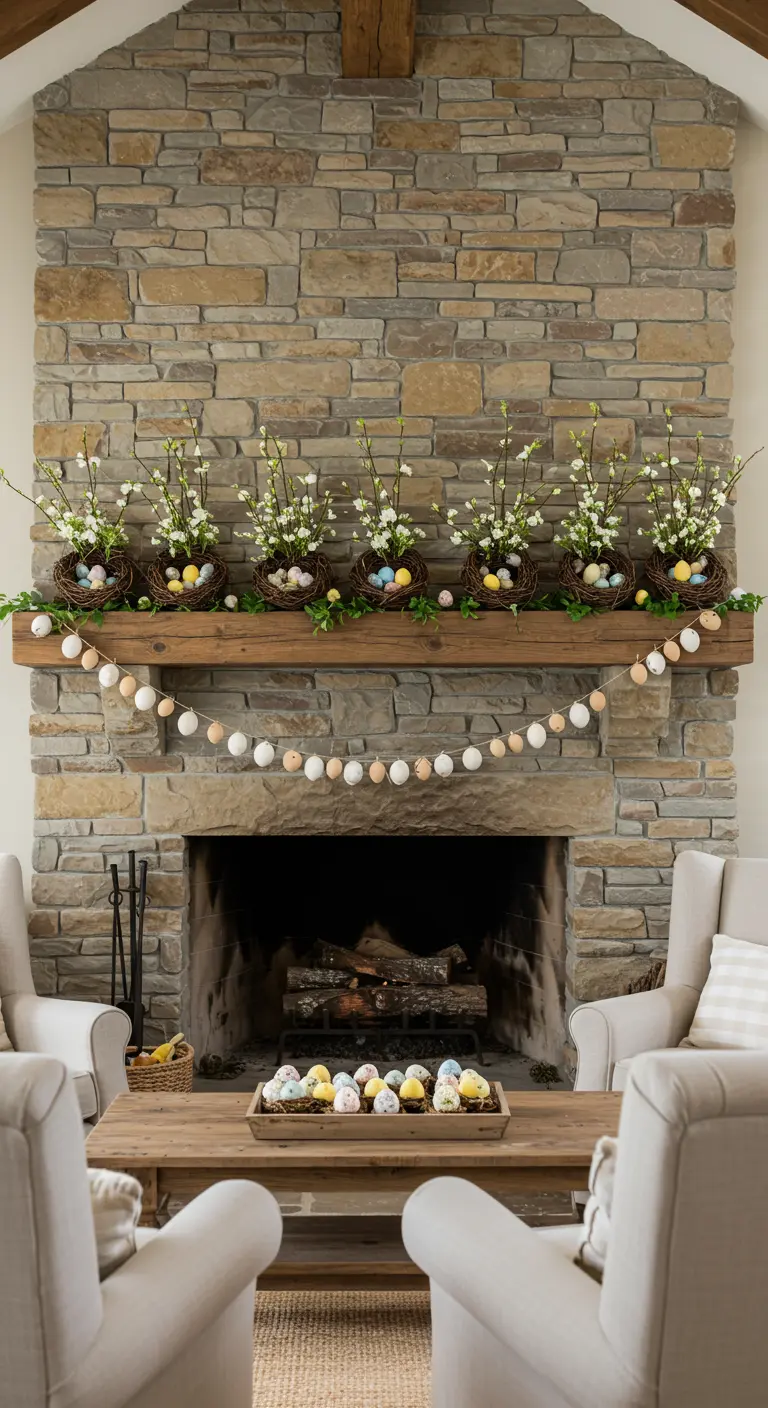 Fireplace mantel decorated with a row of five bird's nests and an egg garland.