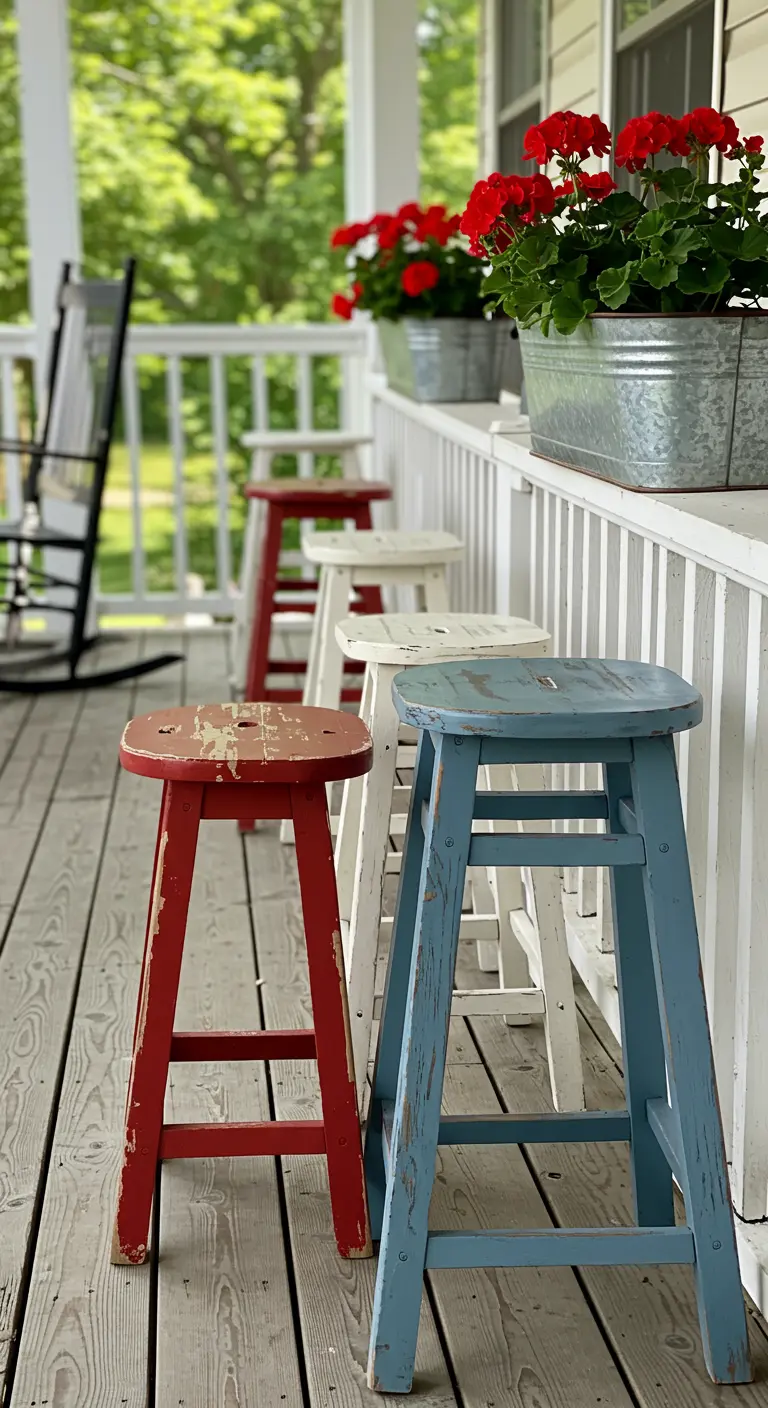 Distressed red, white, and blue stools lined up on a rustic wooden front porch.