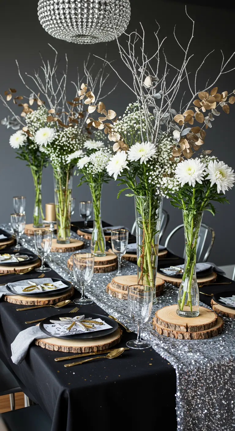 A glamorous table with a silver sequin runner, white flowers, and painted branches.