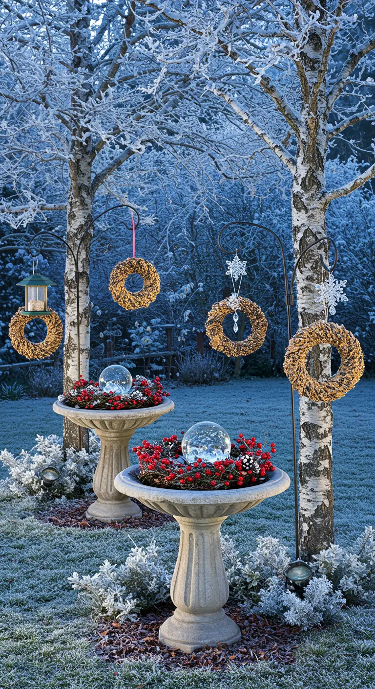 Stone birdbaths in a snowy garden filled with red berries and glass balls, with wreaths hanging nearby.