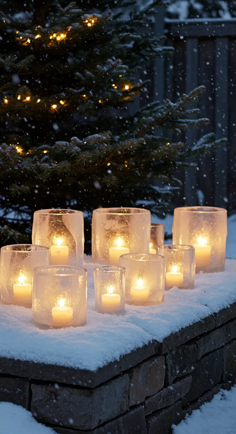A cluster of homemade ice lanterns with glowing candles inside, set in the snow.