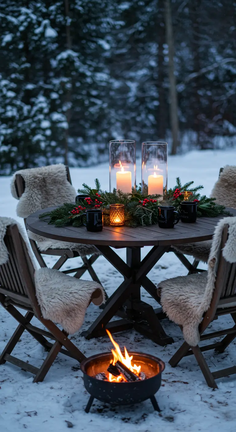 A round wooden table in the snow with a fire pit, sheepskin throws, and a pine centerpiece.