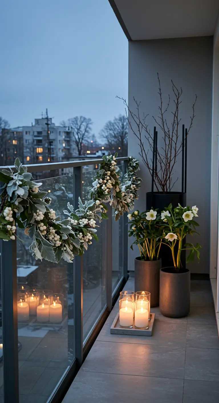 Minimalist balcony with white berry garland, hellebores in grey pots, and candles.