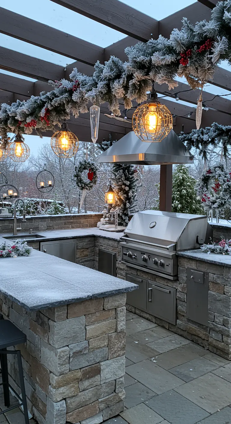 A snowy outdoor kitchen with stone counters, decorated with frosted garlands and warm pendant lights.