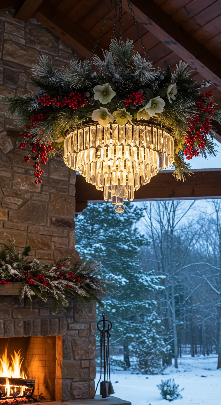 A crystal chandelier adorned with pine branches and red berries on a snowy porch.