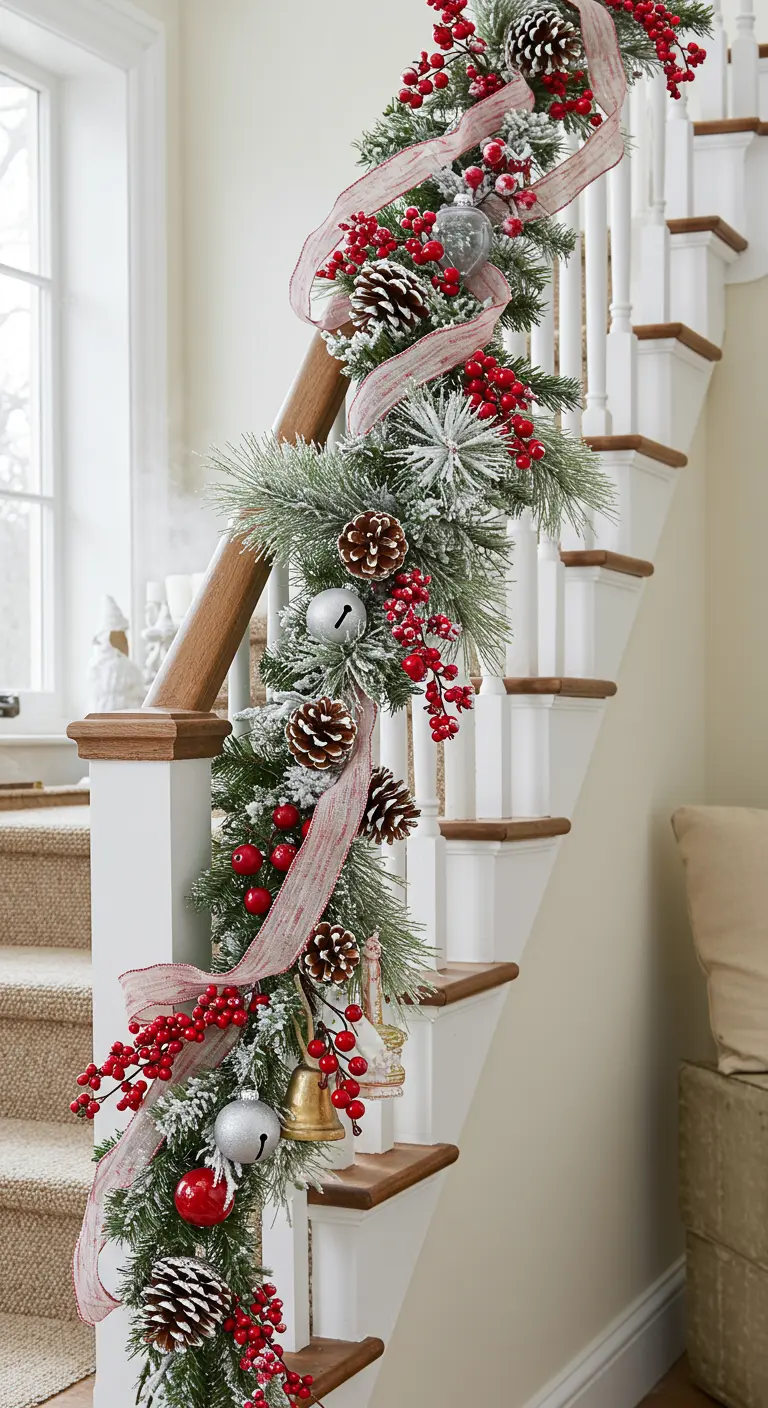 Staircase with frosted evergreen garland, red berries, pinecones, and silver bells.