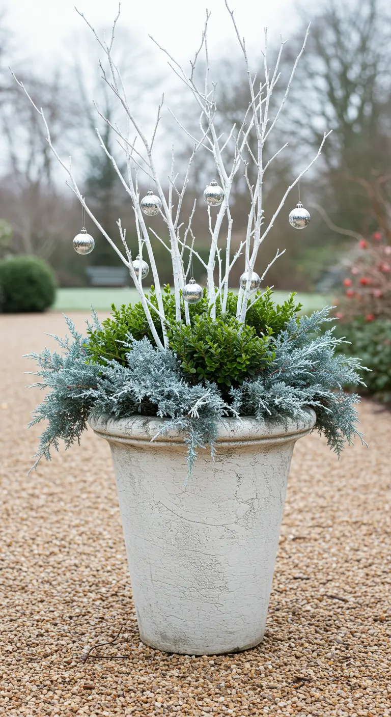 A cream-colored planter with evergreens, white branches, and silver Christmas ornaments.