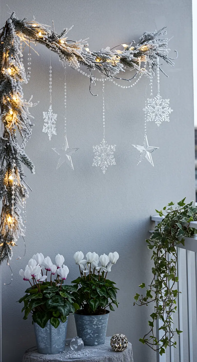 A snow-flocked garland is decorated with hanging crystal snowflakes and stars.