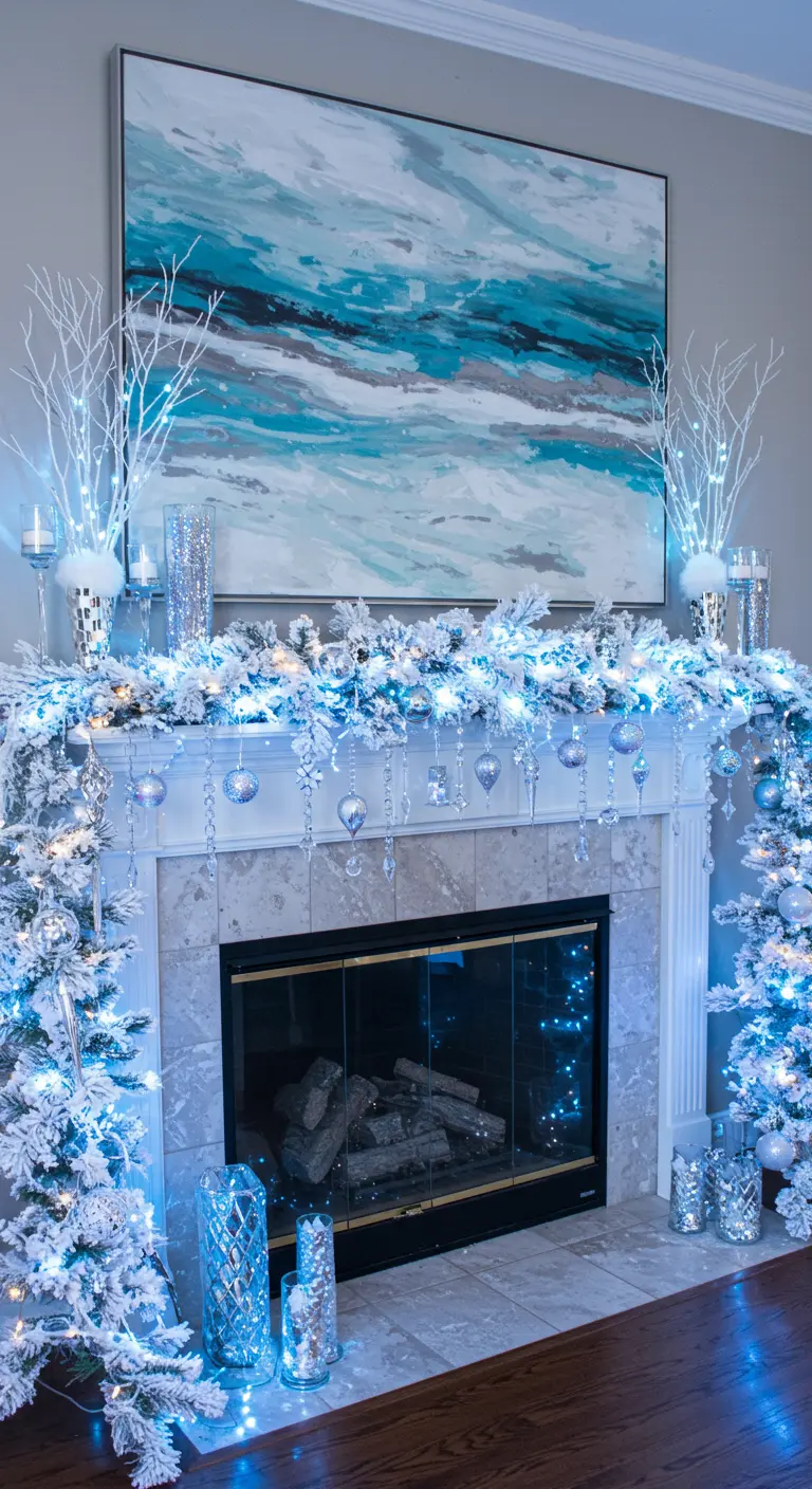 Icy blue and white winter mantel with a flocked garland and crystal ornaments.