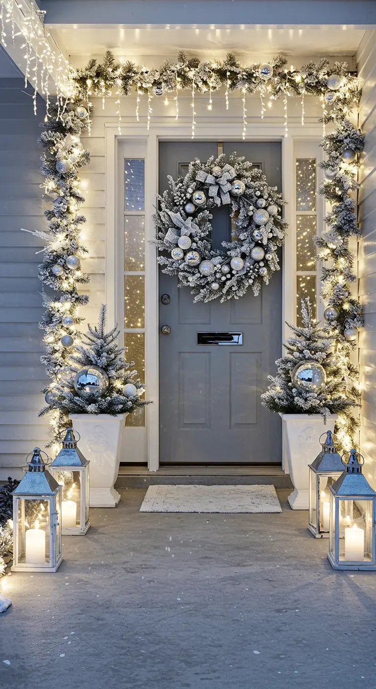 A porch decorated entirely in silver and white, with flocked garlands, wreaths, and ornaments.