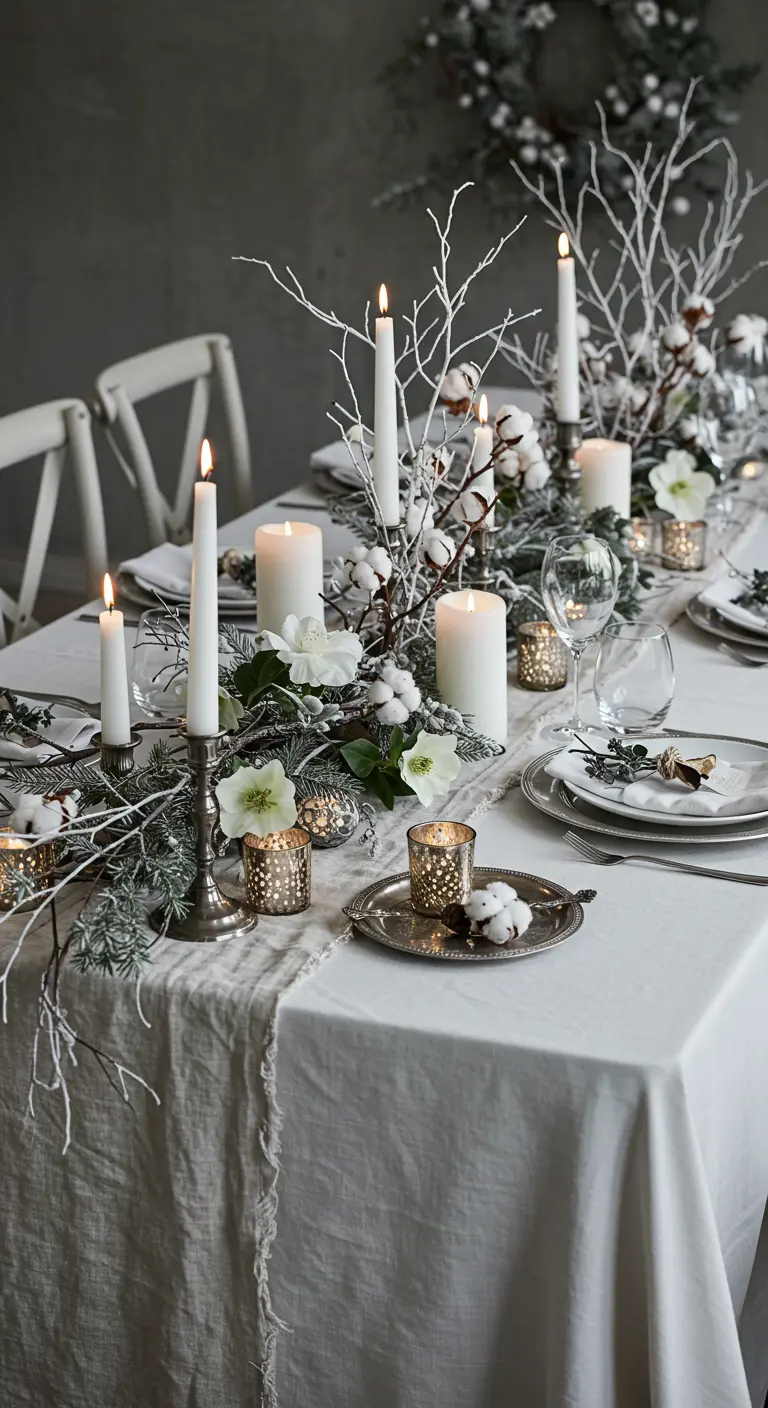 Winter tablescape with white painted branches, cotton bolls, and tall white candles.