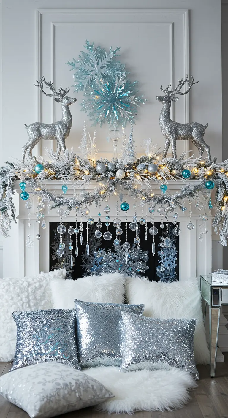 Icy winter mantel with silver reindeer, a flocked garland, and hanging crystal drops.