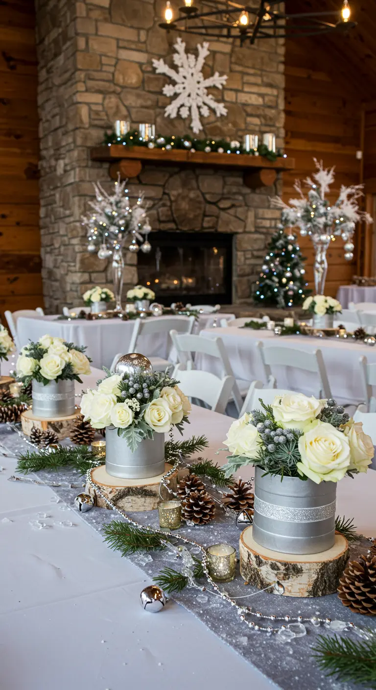 Silver hatboxes with white roses on wood slices, part of a winter-themed tablescape.