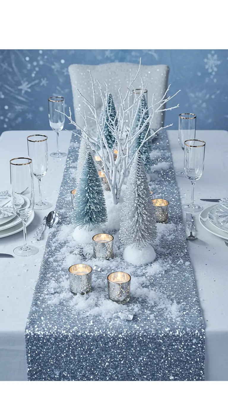 A winter wonderland tablescape with a silver sequin runner, bottlebrush trees, and faux snow.