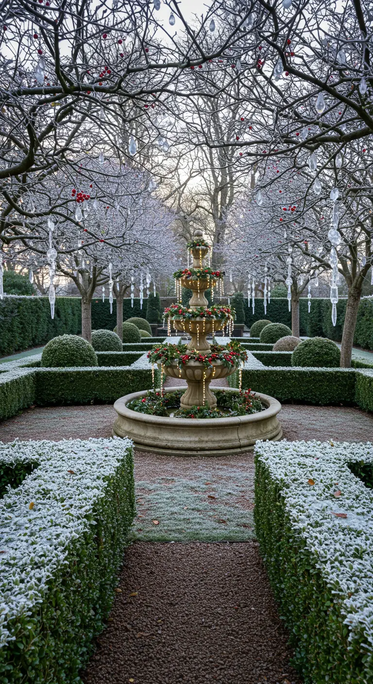 A tiered stone fountain decorated with evergreen garlands, lights, and icicle ornaments in a frosty garden.