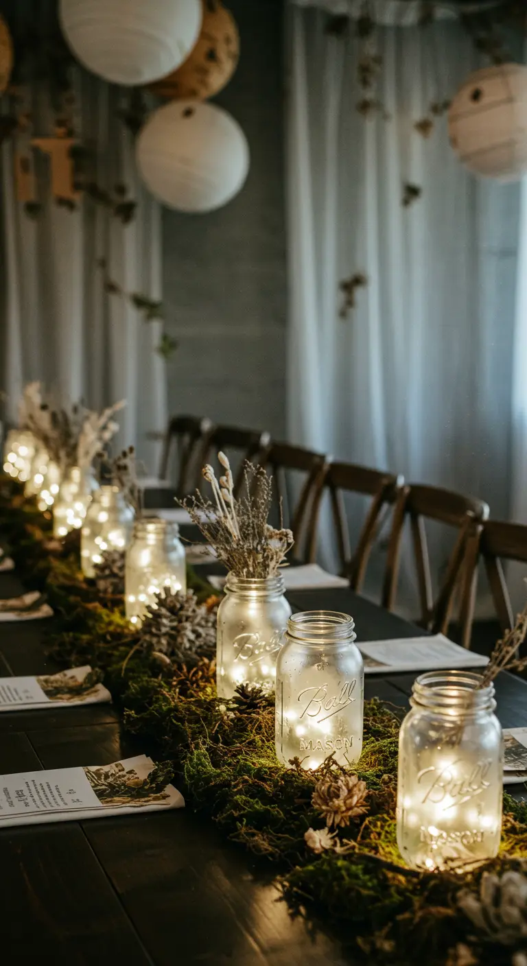 Frosted mason jars with lights and dried botanicals on a moss runner.