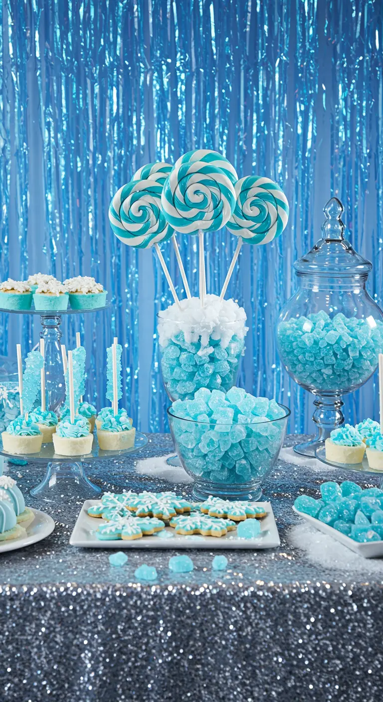 Icy blue and silver winter-themed dessert table with a foil curtain backdrop.
