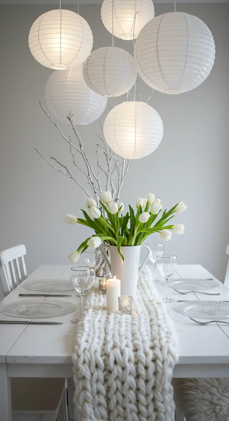 All-white tablescape with a chunky knit runner and a cluster of paper lanterns overhead.