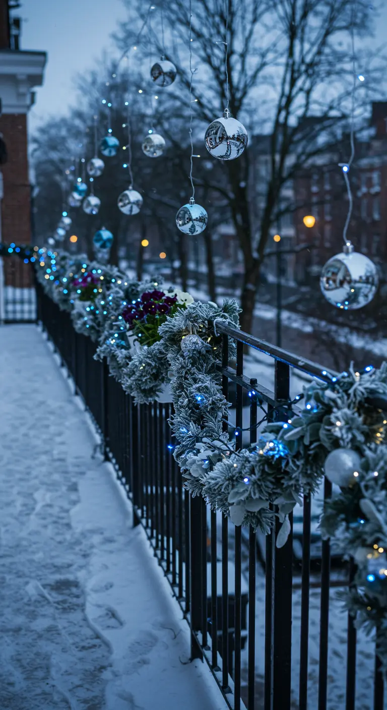 Snow-dusted balcony railing with frosted garland, blue lights, and hanging silver baubles.